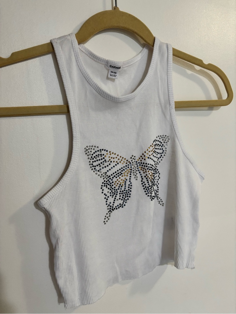 Garage White Ribbed Butterfly Crop Tank with Stud Accents